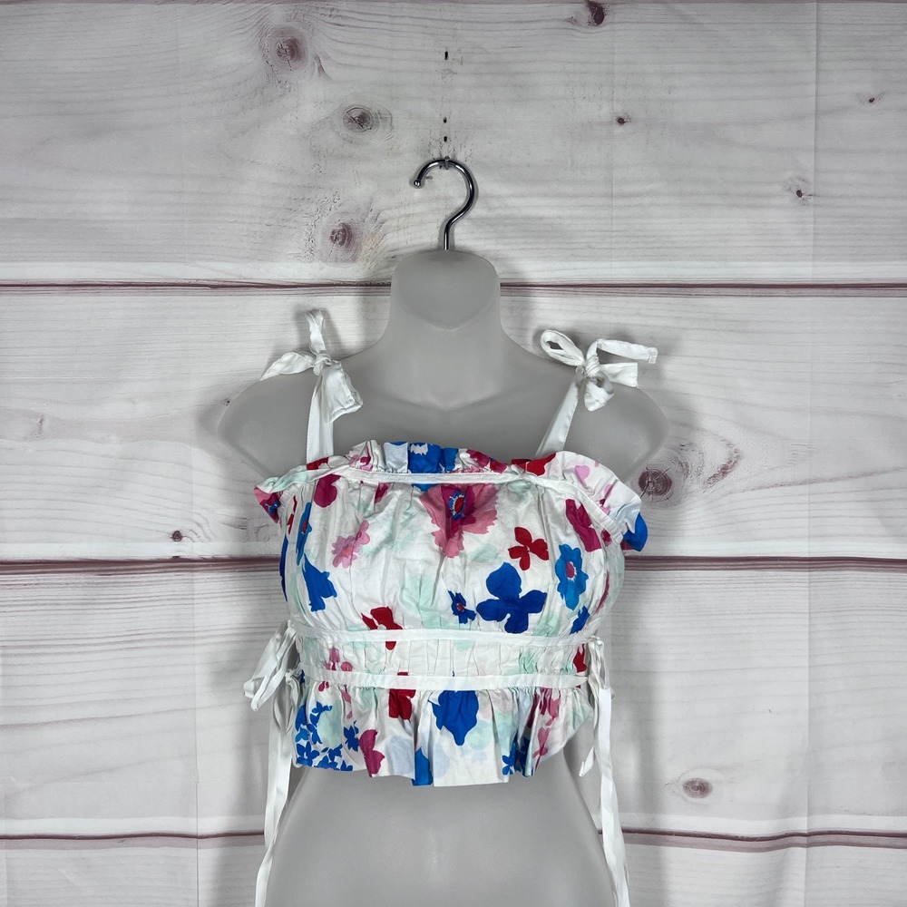 Peter Som Crop Top Womens 4 White Floral Smocked Tie Shoulder Ruffle Sleeveless